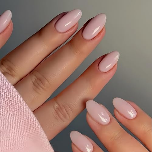 KQueenest Pastel Pink Press on Nails Short Oval, Short False Nails Almond, Glossy Solid Dusty Pink Fake Nails Set, Reusable Natural Gel Stick on Nail for Women Finger Daily Wear 24 Pcs