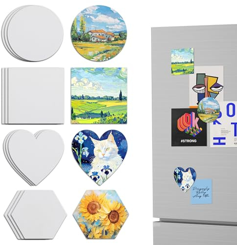 SOSMAR 12 Stück Magnetische Leinwand zum Bemalen (4 Formen) – 7,5x7,5 cm Mini Leinwände für Kühlschrank-Deko, Acryl, Öl & Aquarell – Ideal für DIY-Kunst, Kühlschrank Magnete, Künstler & Geschenke​