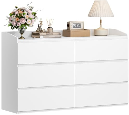 Hzuaneri Commode 138 cm, Commode à 6 Tiroirs, Meuble de Rangement, Casier avec Rambarde Supérieure, Style Moderne, Convient pour Le Salon et La Chambre, 40 x 138 x 84 cm, Blanc DC32603X