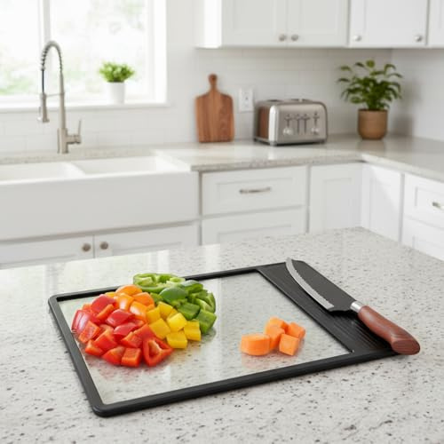 NiHome Glasschneidebrett 38×27 cm aus Gehärtetem Glas, Schneidebrett mit Rutschfesten Silikonrändern, Glasplatte für Küche, Zwei Zonen für Fleisch und Gemüse, Spülmaschinengeeignet(Schwarz)