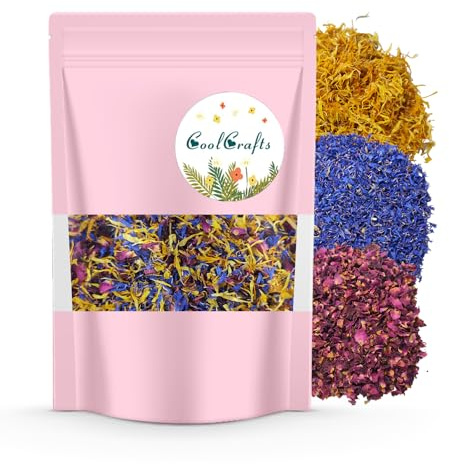 CoolCrafts Pétalos de Flores Secos 30g Pétalos de Rosa, Caléndula y Aciano Secos para Decorar Jabones, Manualidades y Confeti