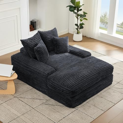 DEKKETO Oversized Chaise Lounge Chair Indoor 175x137cm, Upholstered Boneless Sofa Bed with 4 Pillows and Wide Armrests, Cloud Sleeper Couch for Living Room, No Assembly Required, Corduroy, Grey