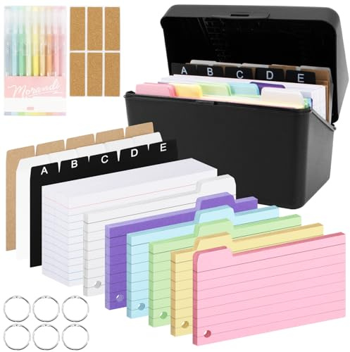 Yuaerbuo Scatola per schedari da viaggio, colore nero, con 380 schede colorate a righe, 15 registri, 6 anelli, 6 adesivi, 9 penne gel colorate per apprendimento, note, scuola, casa