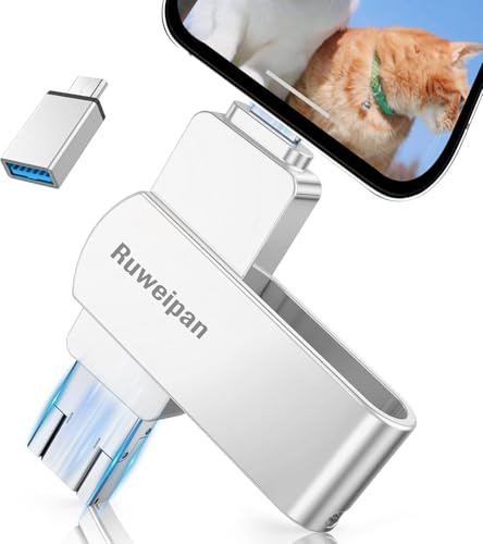 Ruweipan Pendrive para Phone 256GB,[Sin App] Memoria Externa usb para lphone Mini Photo Stick USB 3.0 Transmisión de Alta Velocidad 4en 1 Pen Drive para Type C-Phone iOS/OTG Smartphone/PC/Laptop,Plata