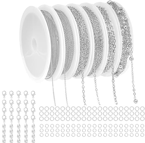 XDGBGFN 6 rullar smyckestillverkning, kedjor, länkkedja, kedjor för pyssel, smyckekedja med karbinhakar och böjringar, tillbehör för gör-det-själv halsband, armband (silver)