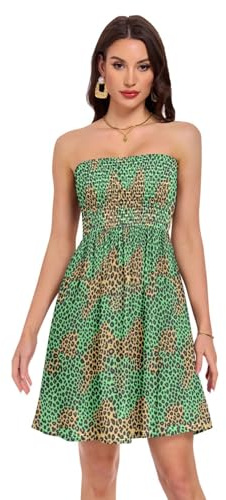 FRODOTGV Axelbandslös bandslös bandeau-klänning elastisk rynkad topp matchar tryckt klänning fukttransporterande hudvänligt andningsbart tyg daglig pendling klänning storlek liten, Kamouflage leopard