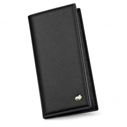 BISON DENIM Long Wallet for Men, RFID Leather Bifold, 12 Card Slots, Black