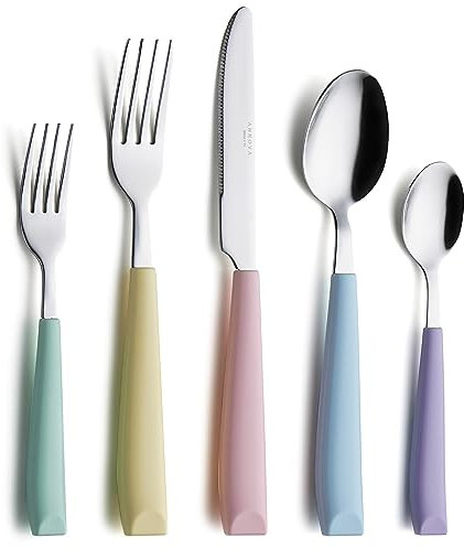 Annova 20-teiliges Edelstahl-Besteck-Set – farbige Griffe – 4 x Menuegabeln, 4 x Salatgabeln, 4 x Menümesser, 4 x Esslöffel, 4 x Teelöffel – Service für 4 (Pastell-Mix)