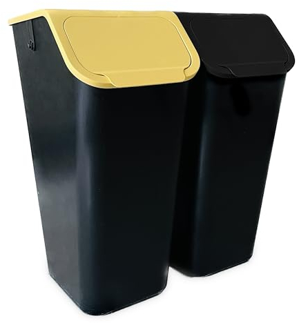 Go Practic Set de Poubelles de Cuisine Avec Couvercle, 2 Pièces 35L Jaune et Noir Sans Poignée de Recyclage, Conteneur à Déchets, de Tri Des Déchets en Plastique Durable et Spacieuse, + filtres