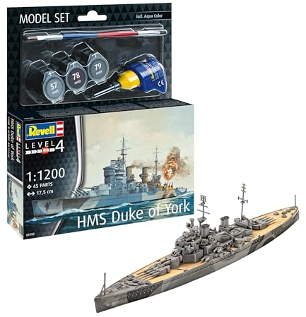 Revell Model Set 65182 Battleship HMS Duke of York 1:1200 Scale Unbuilt/Unpainted Plastic Model Kit with Contacta Professional Glue, Paintbrush & Selected Aqua Color Paints