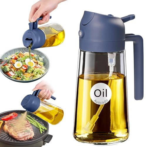 YARRAMATE Oljespray för matlagning, 2-i-1, flaskdispenser för olivolja | 470 ml oljesprayflaska livsmedelssäker, köksredskap, sprejflaska för sallad, fritös, grill (marinblå)