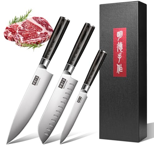MDHAND Set de Couteaux, 3 Pièces de Couteau de Cuisine Professionnel avec Couteau de Chef Santoku Couteau Universel en Acier Inoxydable Allemand à Haute Teneur en Carbone Tranchant et Durable