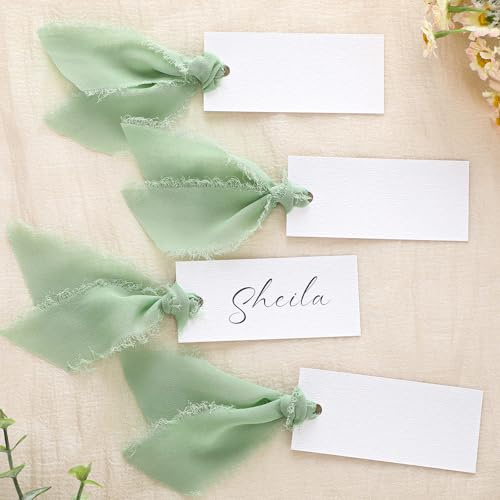 Humyoun 50 Pcs Name Place Cards for Table Setting Blank Wedding Place Cards with Chiffon Ribbon 1.57 x 3.54 Inch Hanging Gift Tags for Wedding Dinner Banquet Party Table Setting Supplies(Sage Green)