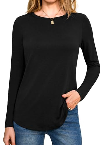Aottori Maglia Donna Girocollo Elegante Maglietta Manica Lunga Cotone Basic T-Shirt Leggero Top Elasticizzato Stretch Sottogiacca Tinta Unita Nero XL