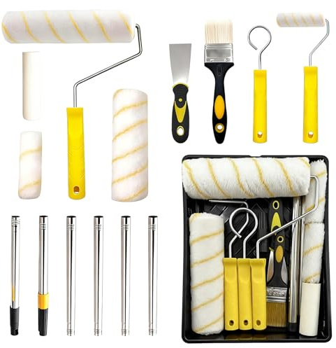 Kit rullo per pittura con asta di estensione, 15 rulli da 22,9 cm e vassoio con pennelli, raschietto e stendibiancheria, set di rotoli per pittura per la casa per pareti, soffitti, porte