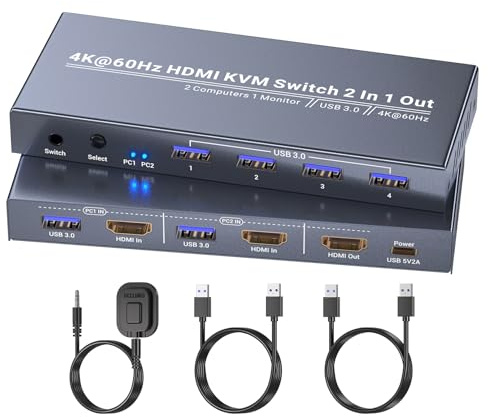 2 Port HDMI KVM Switch 1 Monitor 2 Computers, Control 2 PCs with 1 Set of Keyboard Mouse and 1 Monitor, 4K60Hz Support and USB 3.0
