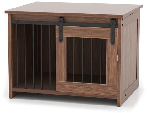GYMAX Cage pour Chien en Bois, Niche Intérieur avec Porte Coulissante, Large Plateau Supérieur, Meuble Abri pour Petits et Moyens Animaux Jusqu'à 30 kg, 80 x 60 x 60 cm (Marron)