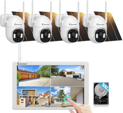 Jennov Solar Überwachungskamera Set mit 10 Monitor, 5MP 10CH 10 Zoll Touchscreen NVR, 5MP PTZ Solar Kamera Aussen mit 360° Pan & Tilt, 2 Wege Audio, Farbnachtsicht, PIR Bewegungserkennung, Ohne ABO