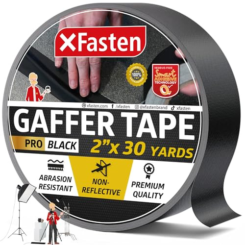 XFasten Pro Black Gaffers Tape 2 Inch X 30 Yards, Multipurpose No Residue Black Tape, Non-Reflective, Tear By Hand Black Cloth Tape, Use As Floor Tape For Electrical Cords, Photography Black Gaff Tape