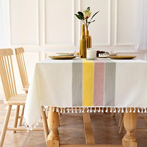 Lanqinglv Weiß Quasten Tischdecke Abwaschbar 110x110cm Bunt Rosa Grau Gelb Streifen Quadratisch Tischdecke Gartentischdecke Couchtisch Baumwolle und Leinen Tischtuch für Party