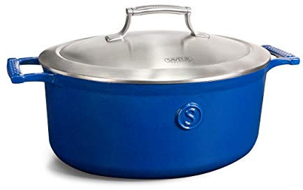 SAVEUR SELECTS Gusseiserner Kochtopf mit Edelstahldeckel, 4.7 L Volumen, Ø 30 cm, Emailliert, Spülmaschinenfest, geeignet für alle Herdarten, Backofenfest bis 260°C, induktionsgeeignet, oval, Blau