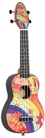 Ortega Guitars Ukulélé Soprano coloré - modèle gaucher - Keiki K2 - Kit de démarrage incluant Accordeur, Courroie, 5 Médiators Medium et Sac à cordon - peace '68 (K2-68-L)