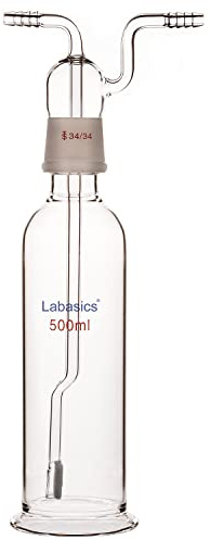 Labasics Bouteille de Lavage de Gaz, Verre Borosilicaté 34/34 Bouchon Barboteur à Gaz Gas Washing Bottle avec Disque Fritté et Tuyaux d'Entrée/Sortie de 8 mm de Diamètre Extérieurs, 500 ml