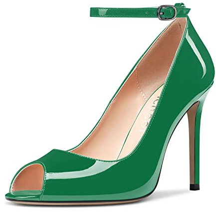 Aachcol Femmes Lanières Cheville Escarpins Aiguille Haut High Talon Heel Ouvert Rond Bout 10 CM Vert Vernis 37 EU