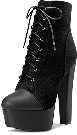 NobleOnly Mujer Chunky Ancho Plataforma Alto High Heel Redonda Punta Cordones Cremallera Botines Clásico Zapatos Negro 36 EU