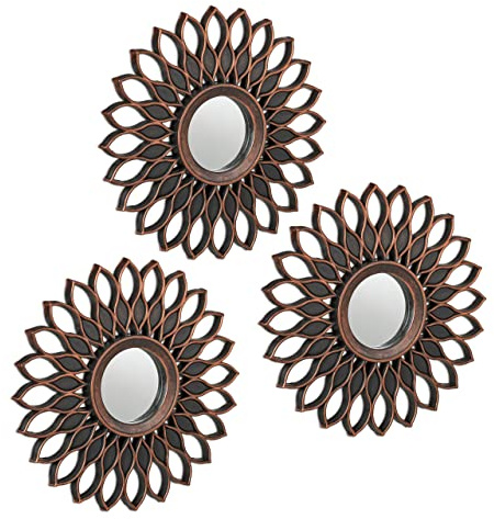 Relaxdays Specchio Decorativo in Set da 3, Rotondo, Design Floreale, da Parete, Cornice in Plastica Ø 25 cm, Bronzo Nero