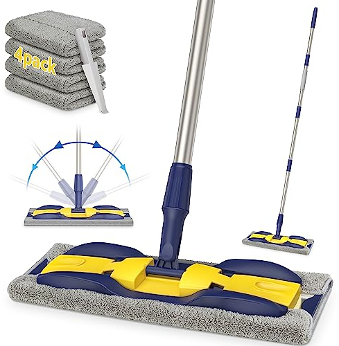 MEXERRIS Microfiber Mops for Hardwood, Laminate, Tile Floor Cleaning, Stainless Steel Handle - 4 Reusable Flat Mop Refills and 1 Dirt Removal Scrubber Included - Dry Dust Mop Commercial Home Use