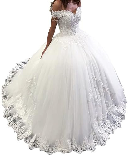 HEULORIA Robe de mariée Princesse Perles Dentelle Grande Traine Robe de Mariage BA-OF-0547 (as4, Numeric, Numeric_44, Plus, Regular, White)