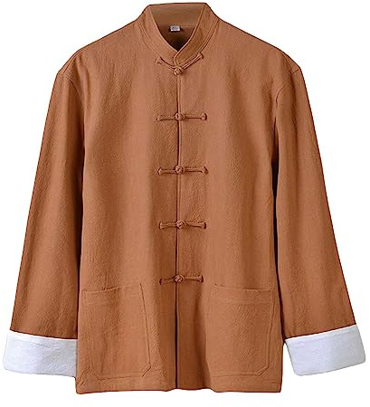 Rubruan Uniforme de vêtements chinois de Kung Fu - Arts martiaux traditionnels Tai Chi Qigong Wing Chun Shaolin Taekwondo Manches Longues Entraînement Vêtements Chemise pour Hommes en Lin, Orange, L