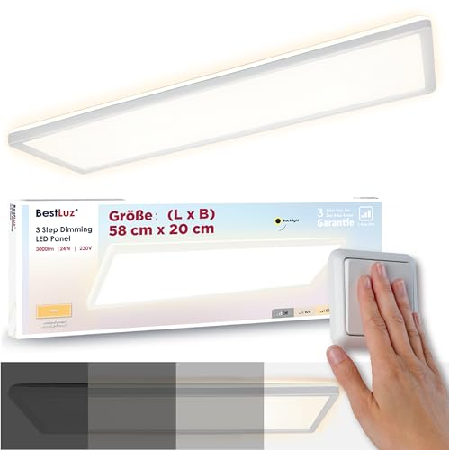 BestLuz Deckenlampe LED Deckenleuchte 580x200x28mm (LxBxH) Dreistufige Dimmbar Rechteckig LED Panel Ultra Flach 3000LM 24W Neutralweiß 4000K mit Backlight für Badezimmer Schlafzimmer Wohnzimmer Küche