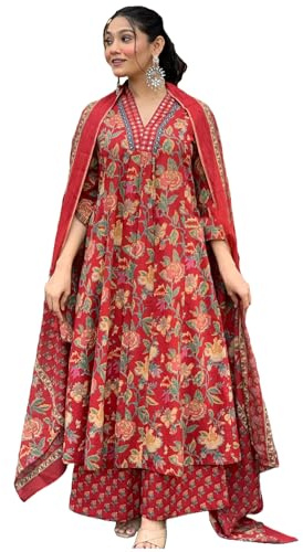 ANNI DESIGNER Ensemble Kurta Palazzo avec dupatta en rayonne mélangée pour femme, Rouge, 48