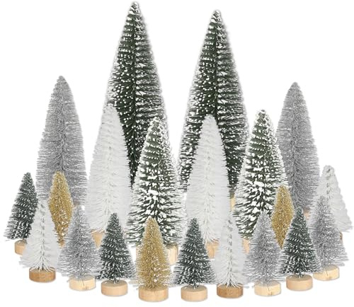 Lot de 21 Mini sapins de Noël Miniatures artificiels - Vert argenté Blanc doré - 4,5/10/15 cm - pour décoration de Noël, décoration d'hiver, Village de Noël - Accessoires DIY