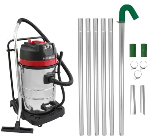 Aspirador Húmedo y Seco 80L + Kit Postes para limpieza de Canalones 1,2-7,2m | Motor 3000W | Función húmedo/seco | Boquillas intercambiables | Cable 9m | Fácil maniobra y ruedas