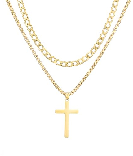 AFSTALR Collier Croix Homme, Acier Inoxydable Collier Double Croix Collier Chaîne et Boîte Cubaine avec Pendentif Croix, Chaîne Or 50/55cm Cadeau de d'anniversaire Bijoux Chrétienne Hommes