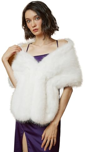 BEAUTELICATE Faux Fur Shawl Wrap Bridal Stole Winter Wedding Cover Up for Women Bride Bridesmaid Evening Fancy Dress Gatsby Custume Party One Size, Off White