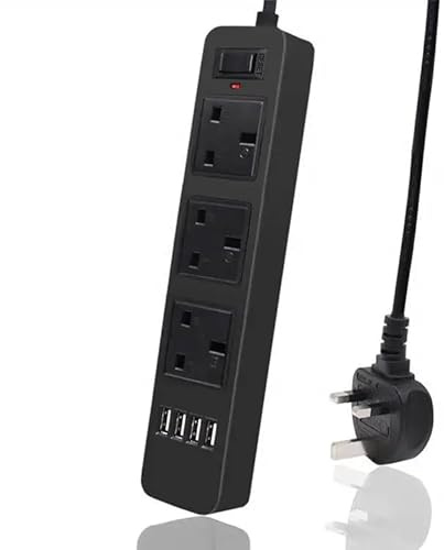 extension Lead with usb slot, power strip with usb slots, black extensiion lead 2m, Black Multi Plug Socket for Home & Office, uk extension lead,