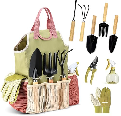 Attrezzi Giardinaggio, 9 Pezzi Set da Giardino Acciaio Inossidabile ad uso, Include Forbici per Potare, Vanga per Orto, Forcola e Rastrello a Mano, Set Giardinaggio Regali da Giardino per Uomo Donna