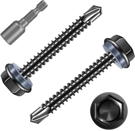 FandWay 50 Pcs Hex Head Self Drilling Screws for Metal,M5.5x50mm Self Tapping Sheet Metal Tek Screws,410 Stainless Steel Black Coating Hex Drive With 1 Bits for Steel/Wood/Plastic.