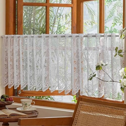Jeeman Jacquard Lichtdurchlässig Scheibengardine Spitze Amerikanische Café-Gardine Blumenmuster Retro Bistrogardine Abdeckvorhang für Schuhregal mit Tunnelzug Weiß HxB 60x150cm 1 Stück