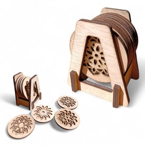 Posavasos de Madera Natural con Soporte – Set de 8 Redondos con Mandala Grabado en Relieve – Accesorios Boho para Bebidas Calientes y Frías – Decoración de Mesa y Cocina
