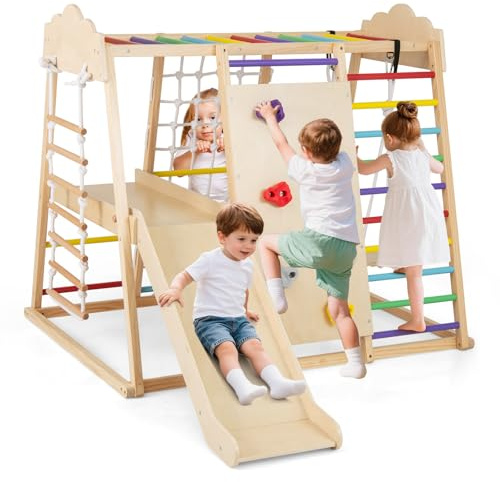 COSTWAY Gimnasio Infantil para Interior 8 en 1, Parque Infantil de Madera Montessori para Escalar con Barras de Mono, Tobogán Desmontable, Columpio, Escalera de Cuerda (Multicolor)
