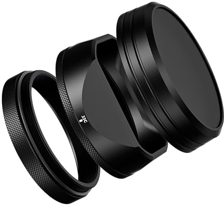 JJC Paraluce quadrato classico in metallo con anello adattatore da 49 mm + cappuccio per fotocamera Fujifilm X100VI X100V – Supporto filtro 49 mm – nero