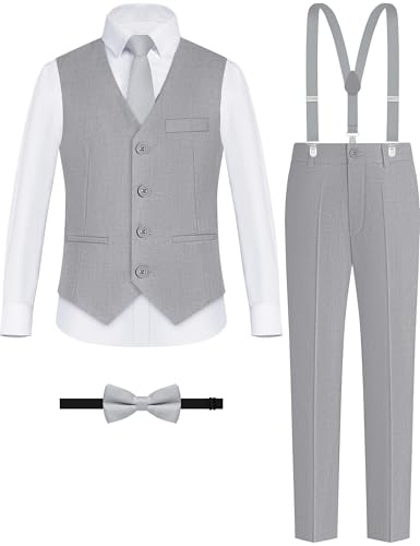 Boys Suit Vest Set 4 Pieces Slim Fit Kids Light Gray Formal Vest and Pants Set for Wedding Ring Bearer, Easter, First Communion, Confirmation, Graduation Teen Boys Size 14