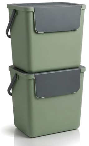 WUITOKI® Set 2 pattumiere per differenziata, 2x30l verde, recycling bin set, salvaspazio, 38x28x34(H) cm, contenitori raccolta differenziata interno