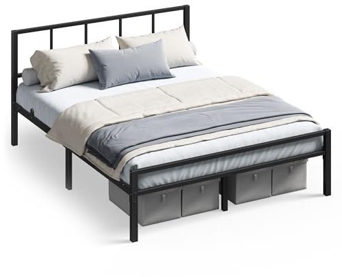 VASAGLE Cama de Matrimonio, 135 x 190 cm, Cabecero, Marco de Metal, Carga de 500 kg, Montaje Fácil, para Dormitorio, Negro Tinta RMB296B101