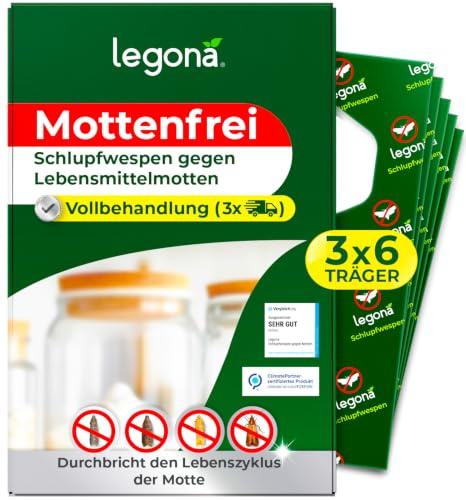 Legona Schlupfwespen gegen Lebensmittelmotten, 6 Träger, 3 Lieferungen | 9 Wochen Komplettkur gegen Motten in Küche, Vorratsschrank, Speisekammer und Lebensmittel